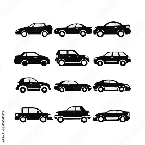 Twelve Black Car Silhouettes Side View Various Models Collection automobile vehicle
