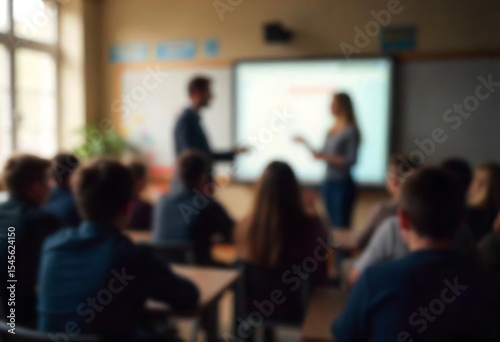 Generative AI classroom scene featuring students and teachers at the front