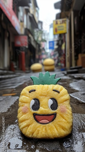 Smiling Pineapple Decoration On Wet City Street