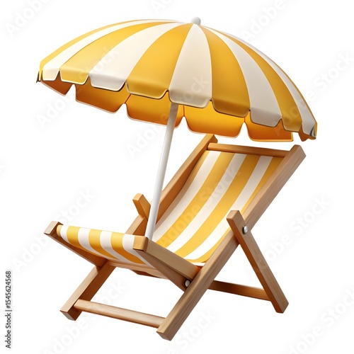 Striped yellow beach chair with umbrella isolated on white background