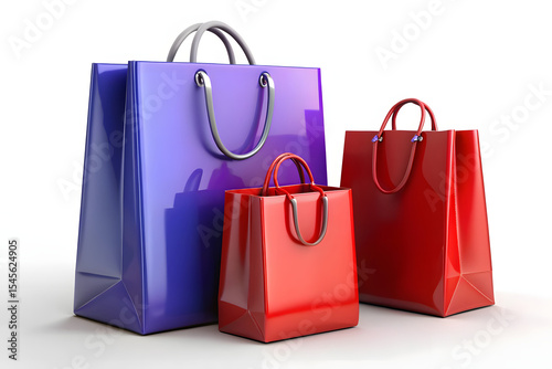 Three glossy shopping bags red and blue isolated on transparent background
