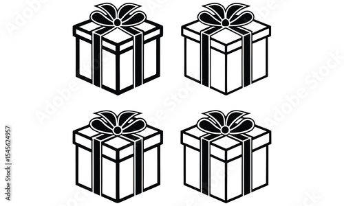 Four black and white gift box icons with bows perfect for holiday designs and packaging