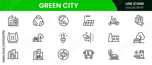 Sustainable vector web line icons depicting green cities, eco-friendly infrastructure, renewable energy, urban greenery, and environmentally conscious living.