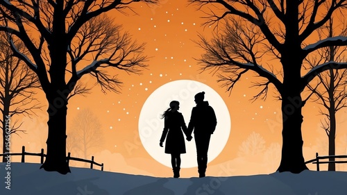 Wallpaper Mural orange themed winter time silhouette of a couple holding hands showing love to each other Torontodigital.ca