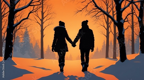 Wallpaper Mural orange themed winter time silhouette of a couple holding hands showing love to each other Torontodigital.ca