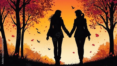 Wallpaper Mural colorful themed autumn time silhouette of a couple holding hands showing love to each other Torontodigital.ca