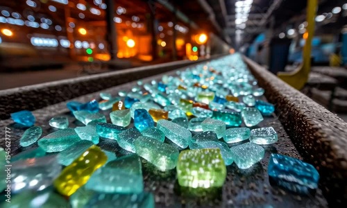 Wallpaper Mural An array of colorful glass gems reflecting light on a textured surface, with a blurred industrial backdrop Torontodigital.ca