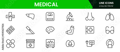 Precise vector web line icons depicting medical care, healthcare tools, diagnostics, treatment, and wellness for patient health and support.