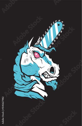 Angry cartoon skull unicorn with chainsaw horn, bold vector style, aggressive expression, perfect for sticker, tattoo, or streetwear design.