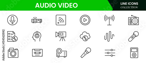 Vibrant vector web line icons depicting audio-video, speakers, cameras, streaming, microphones, and multimedia tools for dynamic content creation.