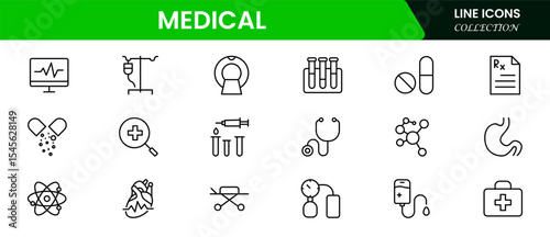 Precise vector web line icons depicting medical care, healthcare tools, diagnostics, treatment, and wellness for patient health and support.
