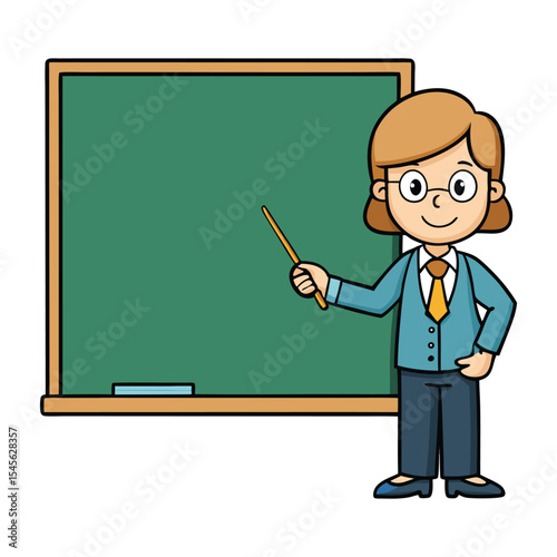 Cartoon vector illustration of a teacher in a classroom presenting a lesson on a blackboard