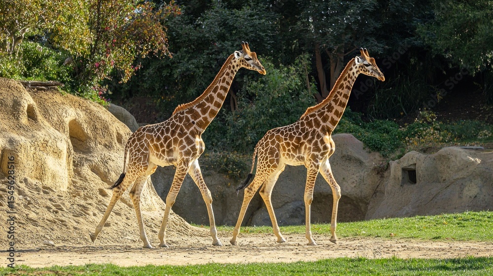 Obraz premium Two giraffes walking in a zoo enclosure with trees and rocks in the background.