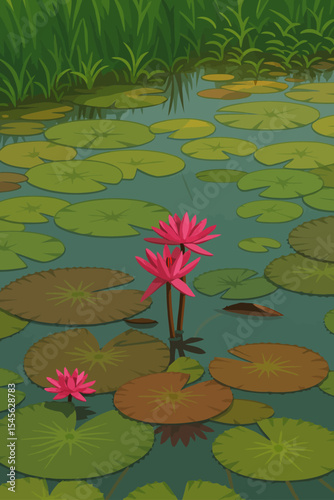 The image depicts a tranquil pond scene filled with large, flat lily pads floating gently on the water's surface. Prominently featured in the center are three vibrant pink water lilies in full bloom, 