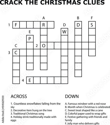 Christmas Crossword Puzzle Grid Numbered Clues Festive Holiday Season Winter Fun Game Activity Printable Worksheet