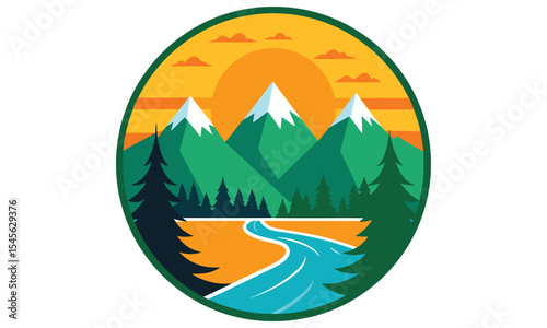 Majestic mountain landscape at sunset with winding river and evergreen trees in oval badge design