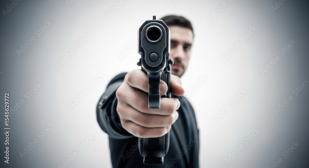 Close up of a man aiming a black handgun directly at the viewer in a studio setting Close up of a man aiming a black handgun directly at the viewer in a studio setting