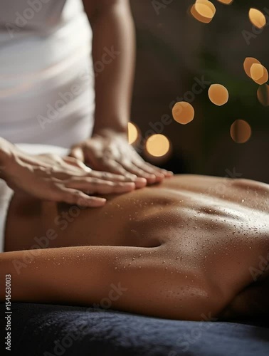 Wallpaper Mural A close-up of a massage session. A dark-skinned woman receives a back massage from a therapist. Soft lighting creates a relaxing atmosphere with blurred lights in the background. Torontodigital.ca