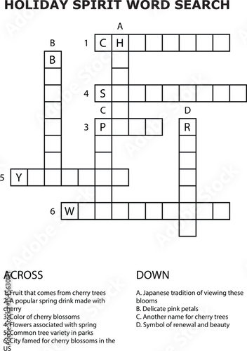 Holiday Spirit Word Search Puzzle Grid Clues Across Down Cherry Blossom Theme crossword