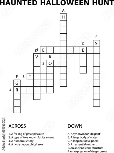 Haunted Halloween Hunt Crossword Puzzle Grid Game Activity Worksheet vector