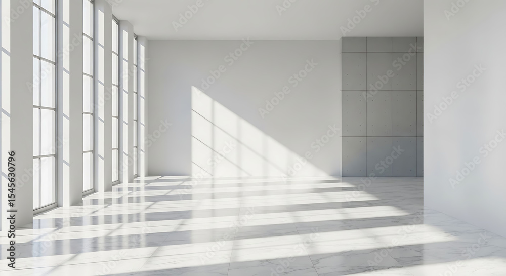 Obraz premium Sunlight Streaming Through Large Windows in an Empty White Modern Room Creating Patterned Shadows on the Floor in a Minimalist Interior Space