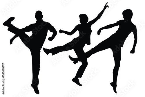 Silhouette of friends dancing legs kicking up high