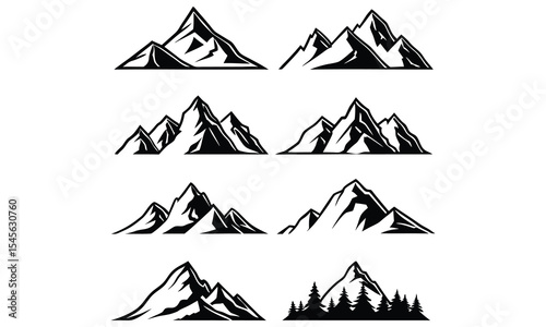 Collection of eight black and white mountain peak illustrations for design projects
