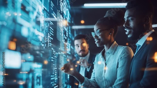 Diverse team analyzes futuristic interface display for data-driven insights