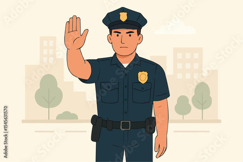 Flat Vector of a Male Police Officer Stopping Traffic with a Hand Signal