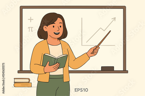 Flat Vector of a Female Teacher Explaining a Lesson with a Pointer