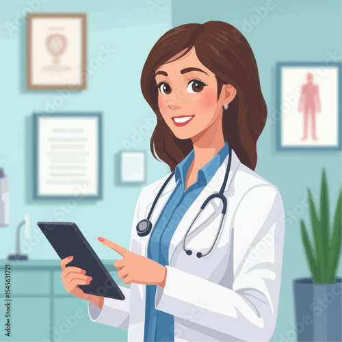 Flat Vector of a Female Doctor Holding a Digital Tablet and Explaining Results
