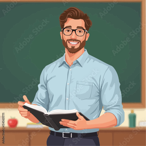 Flat Vector of a Male Teacher Holding a Book and Smiling at Students