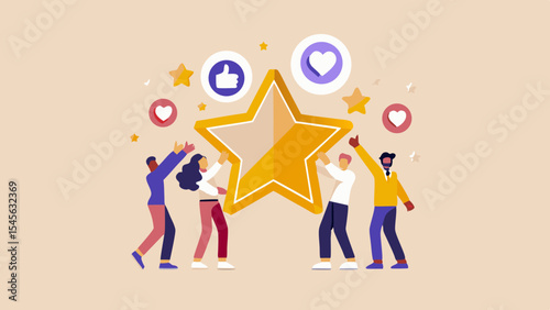 People Holding a Star with Social Media Icons Representing Success Achievement Feedback and Positive Online Engagement