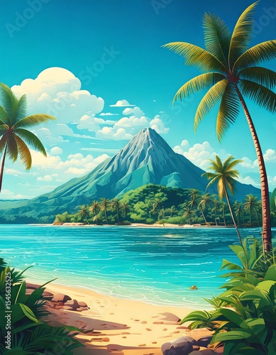 tropical island with palm trees and mountain at the day