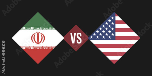 Minimalist illustration of Iran and United States flags in diamond shapes facing off with a "VS" symbol on a black background, representing political conflict, competition, or rivalry.

