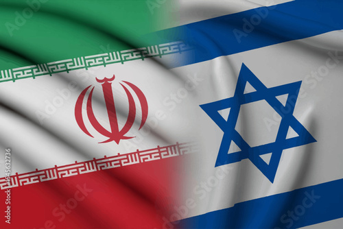 Side-by-side waving flags of Iran and Israel with detailed fabric texture and soft lighting, symbolizing diplomatic tension, geopolitical rivalry, and ongoing Middle Eastern political issues.

