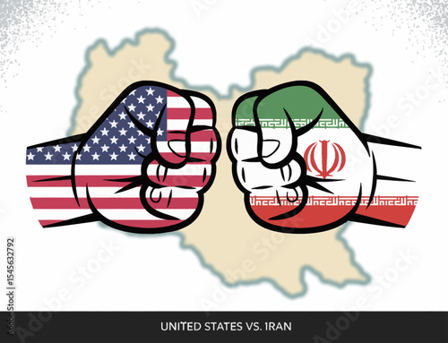 Illustration of two fists facing off in a standoff, one with the American flag and the other with the Iranian flag, symbolizing political conflict, national rivalry, or military tension.

