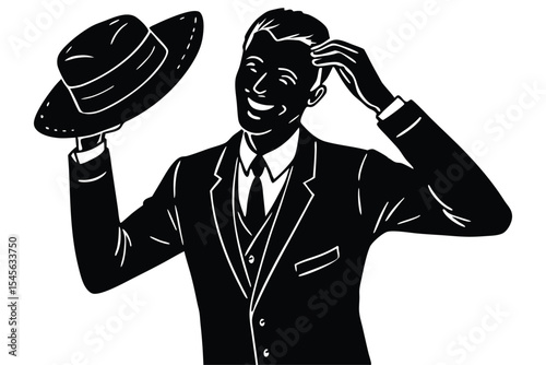 Smiling vintage groom adjusting silk top hat silhouette