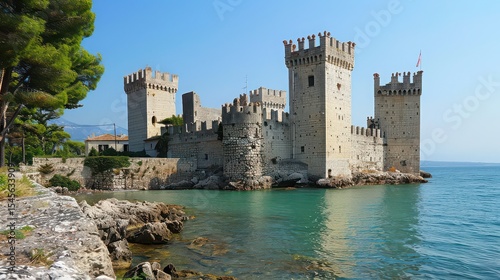 View of scaliger castle surrounded by turquoise water under a clear blue sky in sirmione italy photo