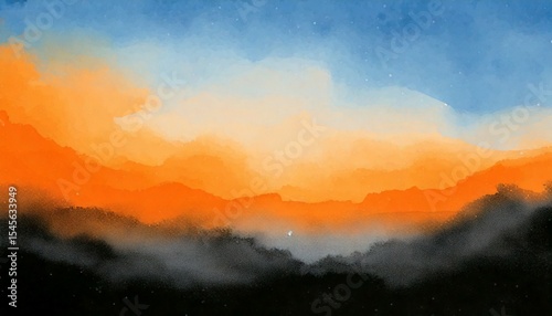 sunset sky with clouds with watercolor painting effect