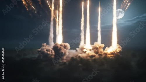 Dramatic Night Launch: Powerful Missiles Ascend Under the Moon's Gaze with Tanks Present