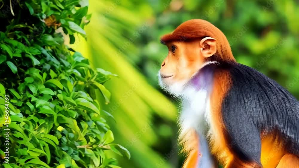 Close-up portrait of a Douc Langur monkey with its distinctive orange head, grey body, and white beard in a lush jungle