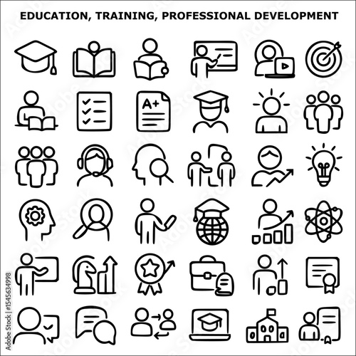 Modern vector icon set of 36 minimal line-style illustrations representing key concepts in education, training, and professional development