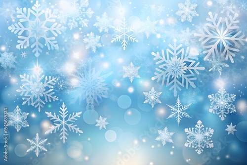 A festive winter wonderland background featuring intricate snowflakes and sparkling lights