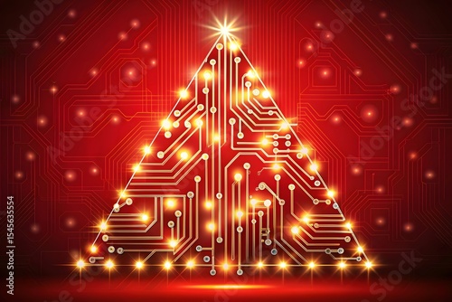 Abstract digital christmas tree design with circuit board pattern and glowing lights