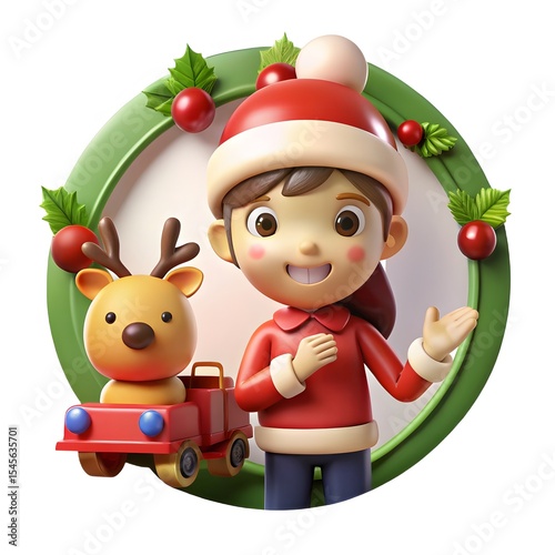 Adorable 3d rendered child in santa hat with reindeer toy isolated on white background