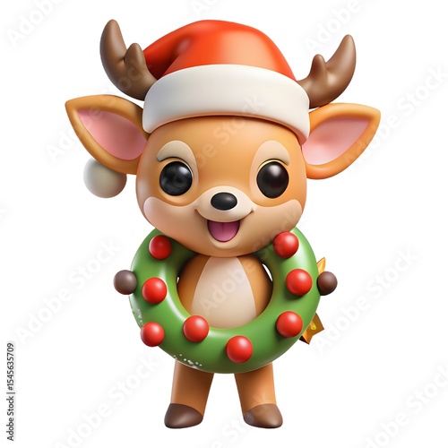 Adorable 3d rendered reindeer holding christmas wreath isolated on white background