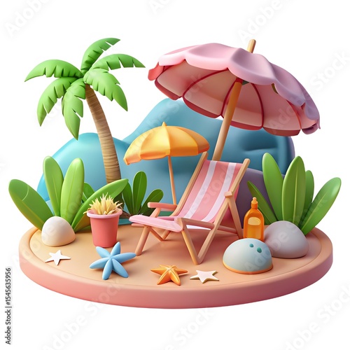 Cartoon summer beach scene with lounger and umbrellas isolated on white background