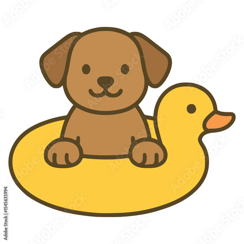 cute dog inside inflatable duck ring flat color vector illustration template design