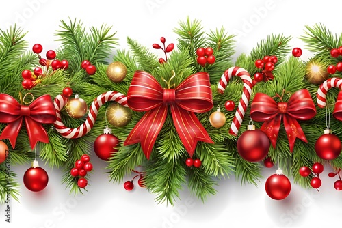 Festive christmas border featuring evergreen branches red bows candy canes and ornaments